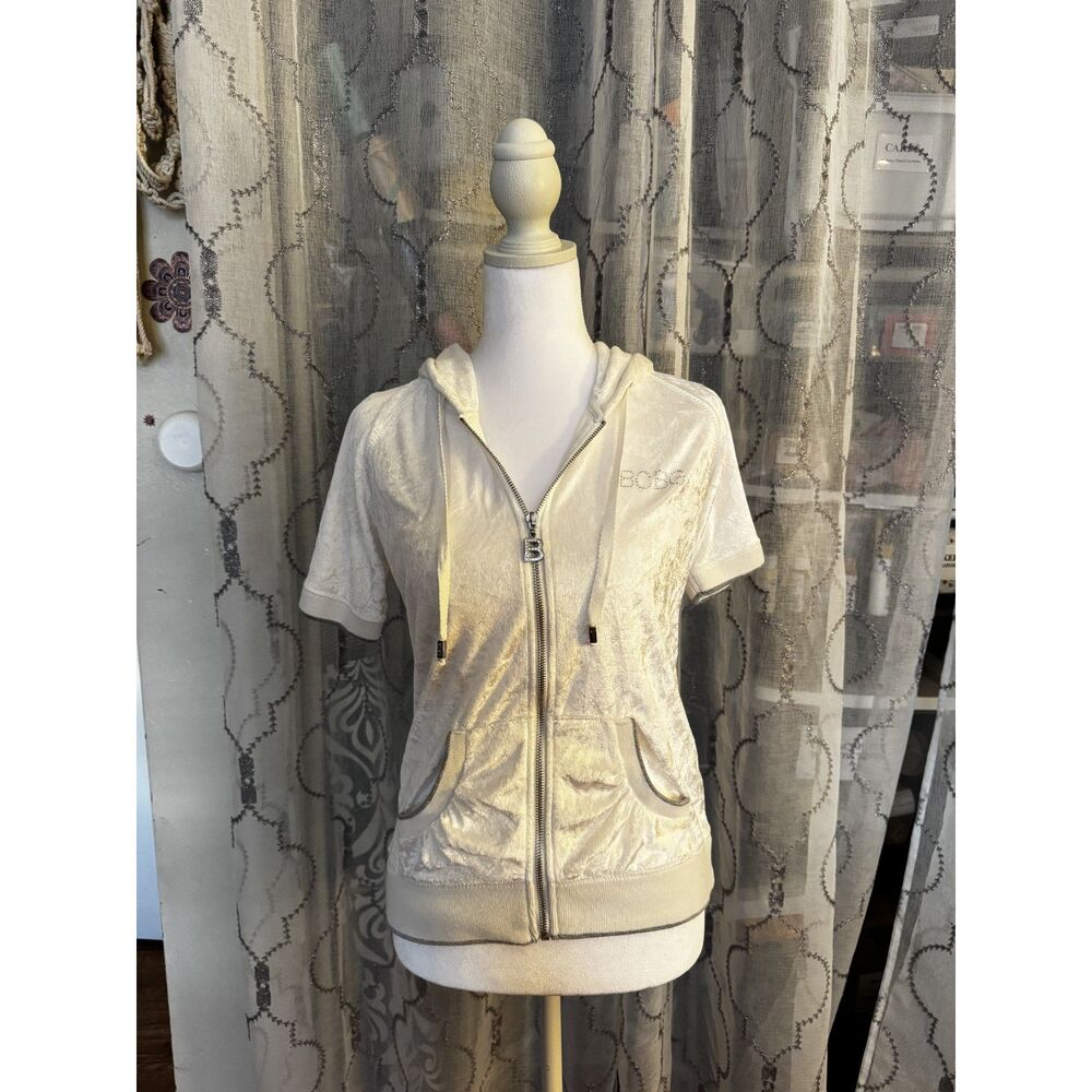 BCBG MaxAzria White Velour Rhinestone Butterfly Hoodie M Y2K